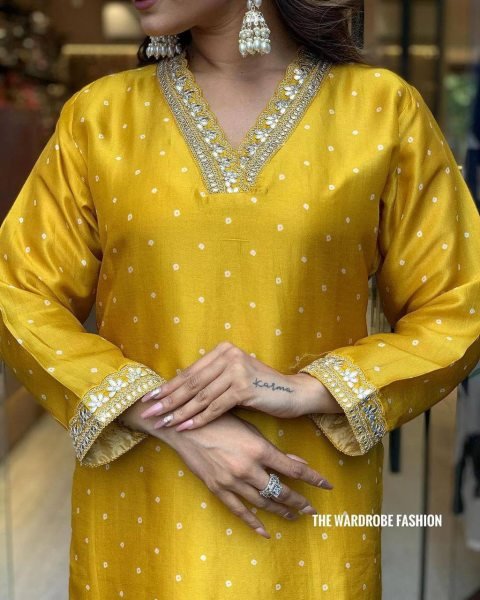 Futuristic Yellow Designer Chinon Silk Kurti Pant Set with Rose Gold Coding Work at Wholesale Rate Printed Kurtis