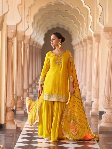 Futuristic Yellow Real Chinon Silk 3 Piece Suit with Hand Mirror Sequins and Embroidery at Wholesale Rate Salwar Kameez