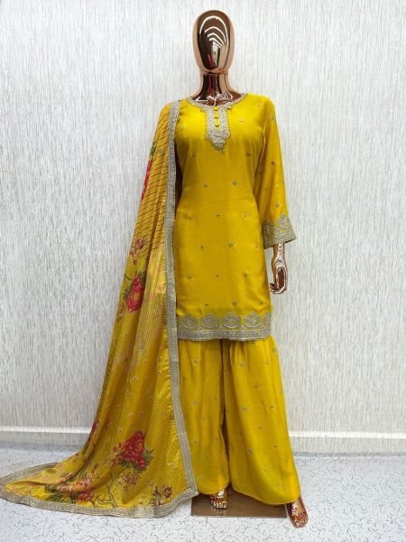 Futuristic Yellow Real Chinon Silk 3 Piece Suit with Hand Mirror Sequins and Embroidery at Wholesale Rate Designer Plazzo Salwar Suits Wholesale
