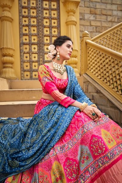 Gaji Silk Rani Pink Festival Wear Digital Printed Lehenga Set with Digital Print & Lagadi Patta Dupatta Navratri Lehnega Choli