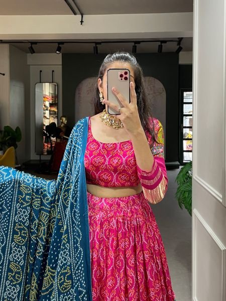 Gaji Silk Rani Pink Festival Wear Digital Printed Lehenga Set with Digital Print & Lagadi Patta Dupatta Navratri Lehnega Choli