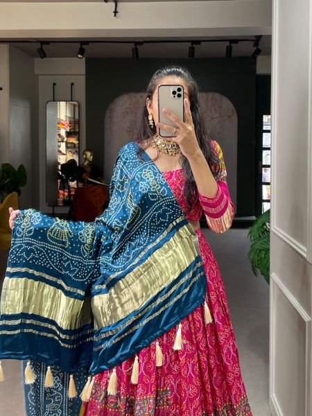 Gaji Silk Rani Pink Festival Wear Digital Printed Lehenga Set with Digital Print & Lagadi Patta Dupatta Navratri Lehnega Choli
