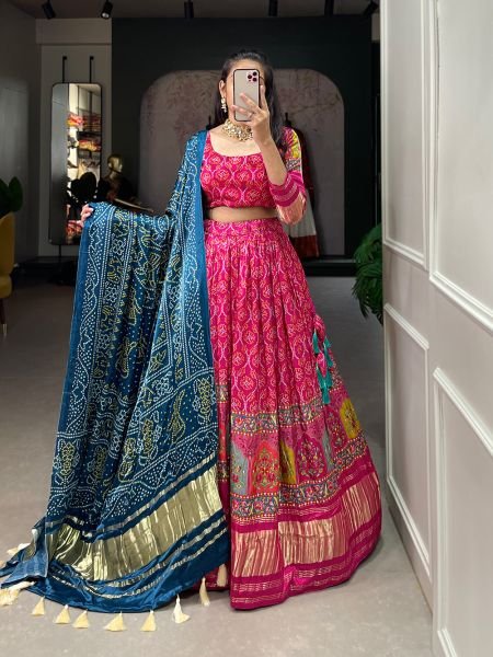 Gaji Silk Rani Pink Festival Wear Digital Printed Lehenga Set with Digital Print & Lagadi Patta Dupatta Navratri Lehnega Choli