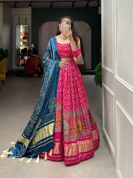 Gaji Silk Rani Pink Festival Wear Digital Printed Lehenga Set with Digital Print & Lagadi Patta Dupatta Navratri Lehnega Choli