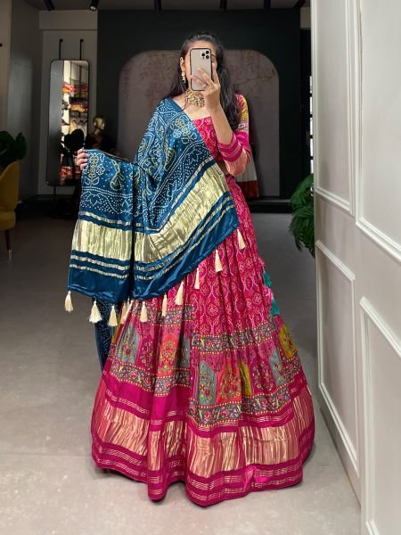 Gaji Silk Rani Pink Festival Wear Digital Printed Lehenga Set with Digital Print & Lagadi Patta Dupatta Navratri Lehnega Choli