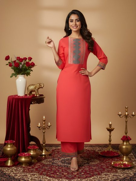 Gajri Orange Cotton Straight Kurti with Ethnic Printed Yoke and Matching Pants Kurtis