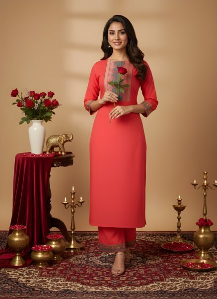 Gajri Orange Cotton Straight Kurti with Ethnic Printed Yoke and Matching Pants  Straight Cut Long Kurtis