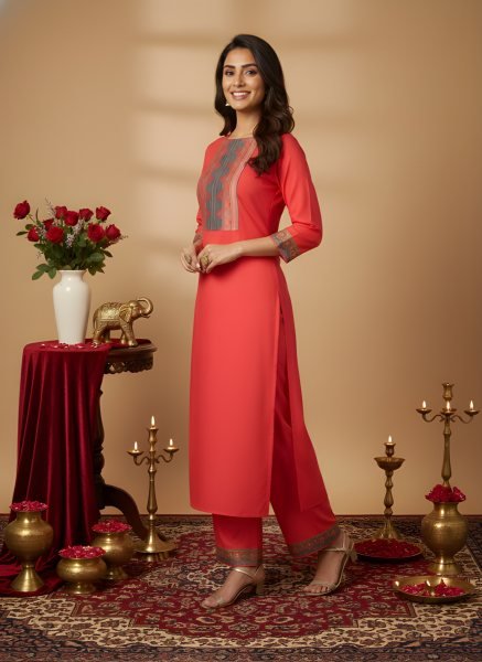 Gajri Orange Cotton Straight Kurti with Ethnic Printed Yoke and Matching Pants  Straight Cut Long Kurtis