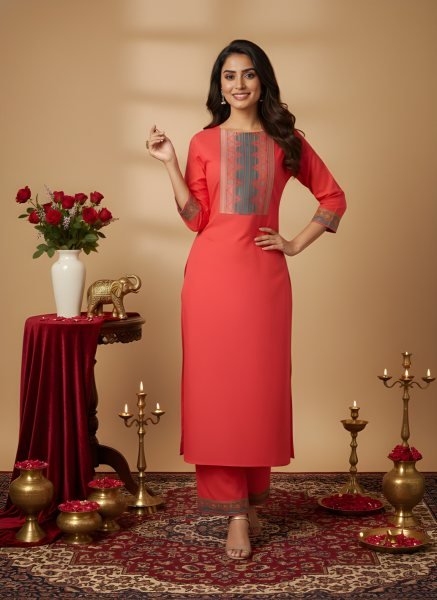 Gajri Orange Cotton Straight Kurti with Ethnic Printed Yoke and Matching Pants  Straight Cut Long Kurtis