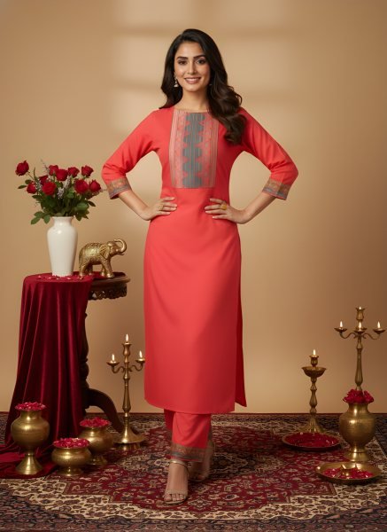 Gajri Orange Cotton Straight Kurti with Ethnic Printed Yoke and Matching Pants  Straight Cut Long Kurtis