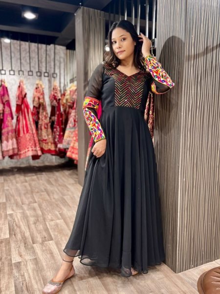Garba Glam Black Gown Ready Georgette Style with Gamthi Elegance  Lehenga