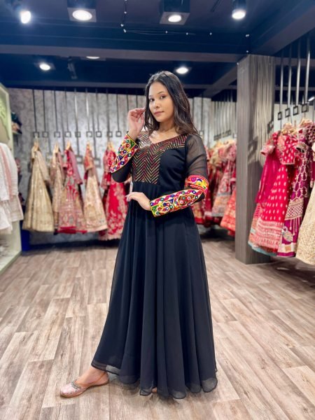 Garba Glam Black Gown Ready Georgette Style with Gamthi Elegance Navratri Lehnega Choli