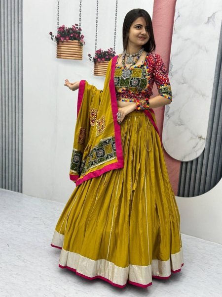 garba look cotton lehenga choli in mustard yellow with foil print and gamthi lace dupatta  Lehenga