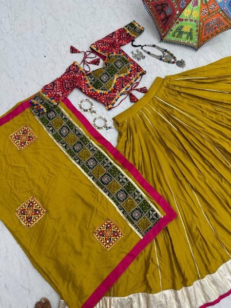 garba look cotton lehenga choli in mustard yellow with foil print and gamthi lace dupatta Navratri Lehnega Choli