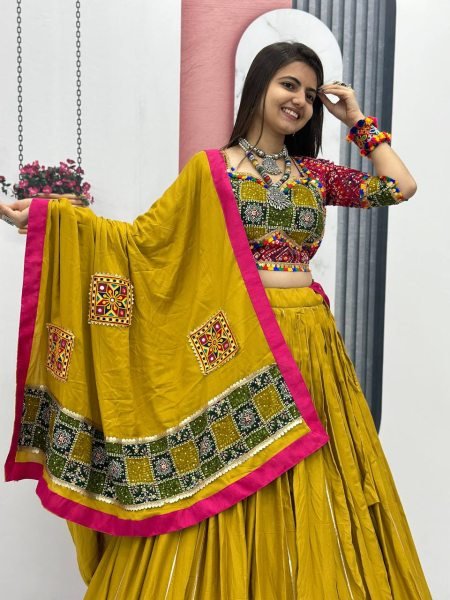 garba look cotton lehenga choli in mustard yellow with foil print and gamthi lace dupatta Navratri Lehnega Choli
