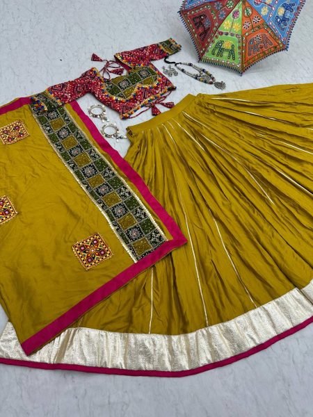 garba look cotton lehenga choli in mustard yellow with foil print and gamthi lace dupatta Navratri Lehnega Choli