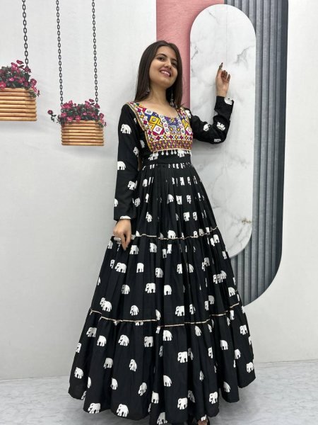 Garba Night Glam Black Cotton Gown Gamathi Work with Heavy Flair  &  Festive Finish  Lehenga