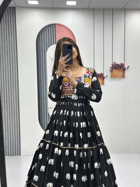 Garba Night Glam Black Cotton Gown Gamathi Work with Heavy Flair  &  Festive Finish Navratri Lehnega Choli