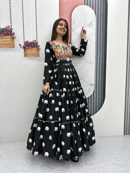 Garba Night Glam Black Cotton Gown Gamathi Work with Heavy Flair  &  Festive Finish Navratri Lehnega Choli