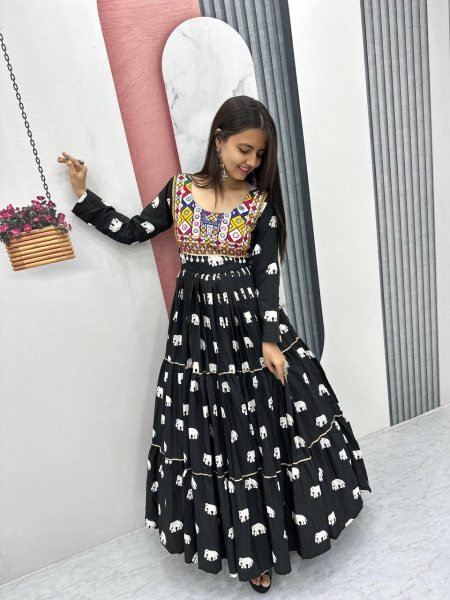Garba Night Glam Black Cotton Gown Gamathi Work with Heavy Flair  &  Festive Finish Navratri Lehnega Choli