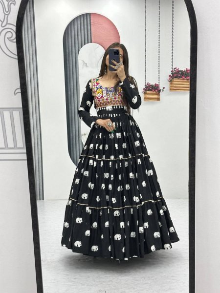 Garba Night Glam Black Cotton Gown Gamathi Work with Heavy Flair  &  Festive Finish Navratri Lehnega Choli