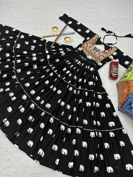 Garba Night Glam Black Cotton Gown Gamathi Work with Heavy Flair  &  Festive Finish Navratri Lehnega Choli