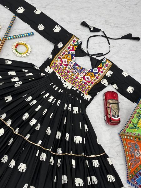 Garba Night Glam Black Cotton Gown Gamathi Work with Heavy Flair  &  Festive Finish Navratri Lehnega Choli