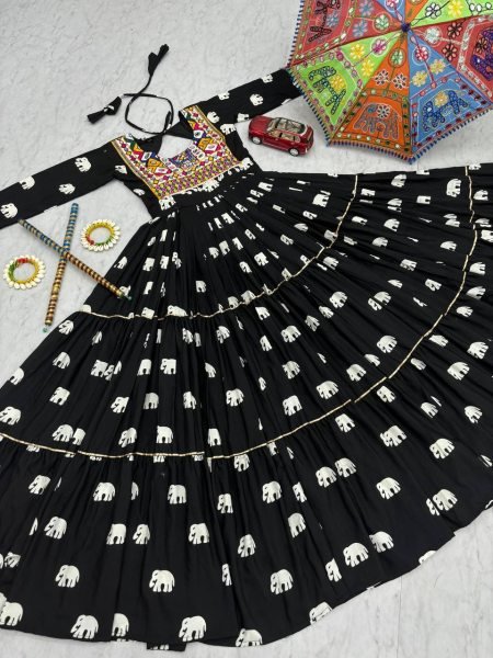 Garba Night Glam Black Cotton Gown Gamathi Work with Heavy Flair  &  Festive Finish Navratri Lehnega Choli