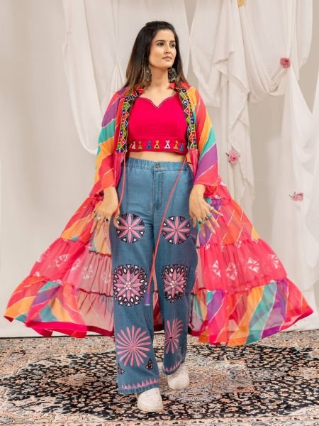 Garba Night Hot Pink Navratri Shrug Blouse Denim Jeans Designer Set at Factory Price Kurtis