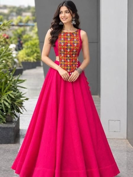 Garba Night Special Hot Pink Roman Silk Lehenga with Embroidered Mirror Blouse  Lehenga