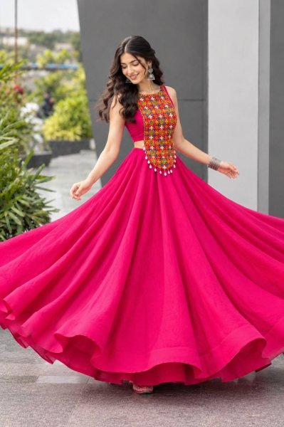 Garba Night Special Hot Pink Roman Silk Lehenga with Embroidered Mirror Blouse Navratri Lehnega Choli