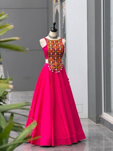 Garba Night Special Hot Pink Roman Silk Lehenga with Embroidered Mirror Blouse Navratri Lehnega Choli