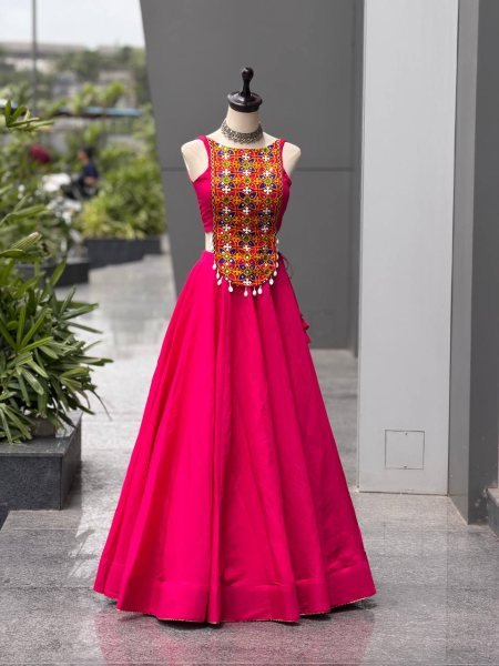 Garba Night Special Hot Pink Roman Silk Lehenga with Embroidered Mirror Blouse Navratri Lehnega Choli