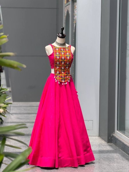 Garba Night Special Hot Pink Roman Silk Lehenga with Embroidered Mirror Blouse Navratri Lehnega Choli