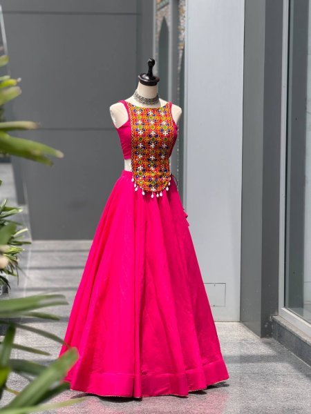 Garba Night Special Hot Pink Roman Silk Lehenga with Embroidered Mirror Blouse Navratri Lehnega Choli