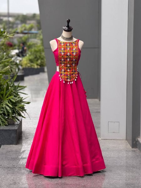 Garba Night Special Hot Pink Roman Silk Lehenga with Embroidered Mirror Blouse Navratri Lehnega Choli