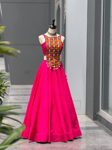Garba Night Special Hot Pink Roman Silk Lehenga with Embroidered Mirror Blouse Navratri Lehnega Choli