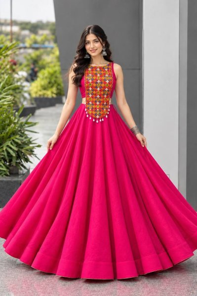 Garba Night Special Hot Pink Roman Silk Lehenga with Embroidered Mirror Blouse Navratri Lehnega Choli