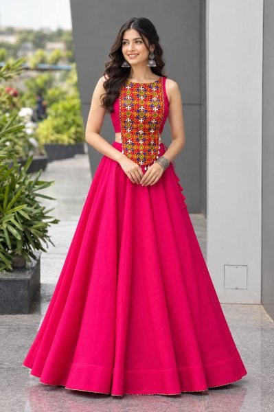 Garba Night Special Hot Pink Roman Silk Lehenga with Embroidered Mirror Blouse Navratri Lehnega Choli