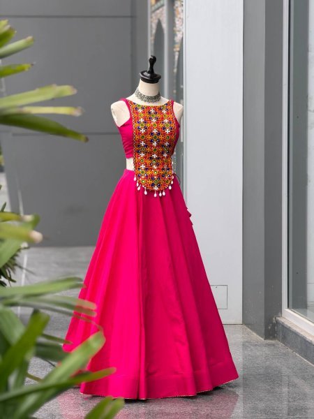 Garba Night Special Hot Pink Roman Silk Lehenga with Embroidered Mirror Blouse Navratri Lehnega Choli