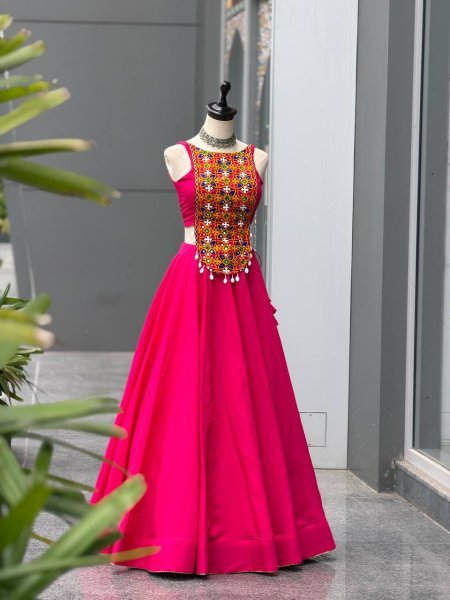 Garba Night Special Hot Pink Roman Silk Lehenga with Embroidered Mirror Blouse Navratri Lehnega Choli