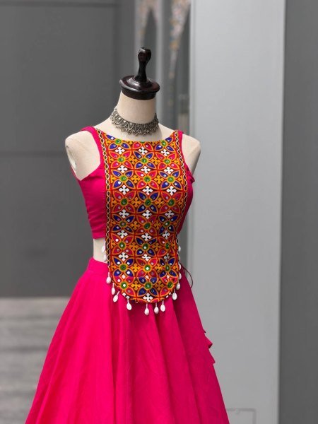 Garba Night Special Hot Pink Roman Silk Lehenga with Embroidered Mirror Blouse Navratri Lehnega Choli