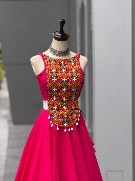 Garba Night Special Hot Pink Roman Silk Lehenga with Embroidered Mirror Blouse Navratri Lehnega Choli