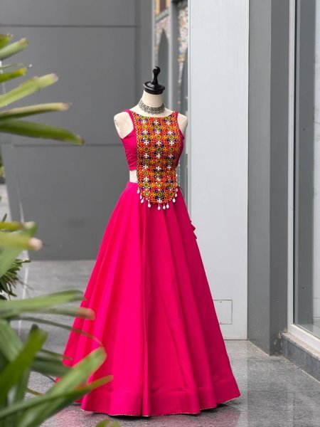 Garba Night Special Hot Pink Roman Silk Lehenga with Embroidered Mirror Blouse Navratri Lehnega Choli
