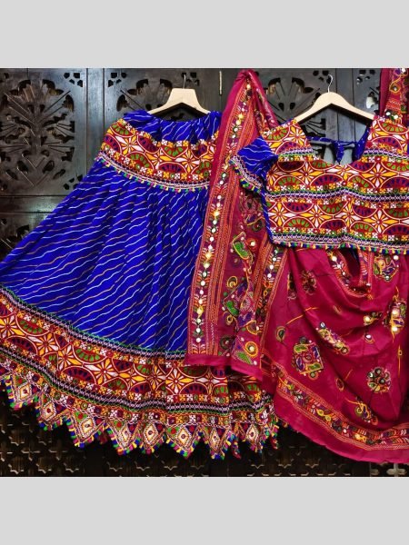  Garba Ready Look Gamthi Style Leheriya Lehenga with Mirror  & Thread Work  Lehenga