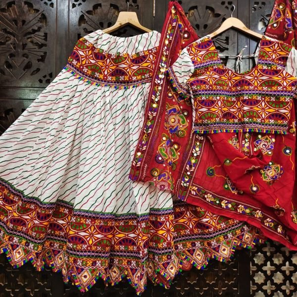  Garba Ready Look Gamthi Style Leheriya Lehenga with Mirror  & Thread Work Navratri Lehnega Choli