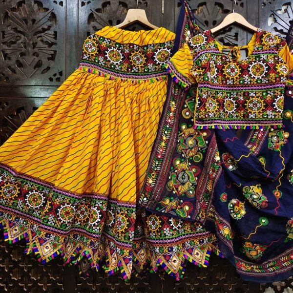 Garba Ready Look Gamthi Style Leheriya Lehenga with Mirror  & Thread Work Navratri Lehnega Choli
