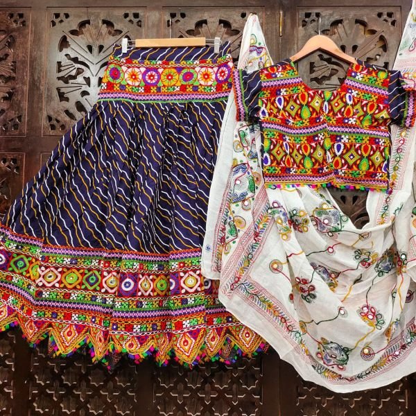  Garba Ready Look Gamthi Style Leheriya Lehenga with Mirror  & Thread Work Navratri Lehnega Choli