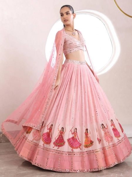 Garba Wear Baby Pink Star Georgette Lehenga Choli with Real Mirror Work at Wholesale Rate  Lehenga