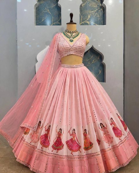 Garba Wear Baby Pink Star Georgette Lehenga Choli with Real Mirror Work at Wholesale Rate Navratri Lehnega Choli